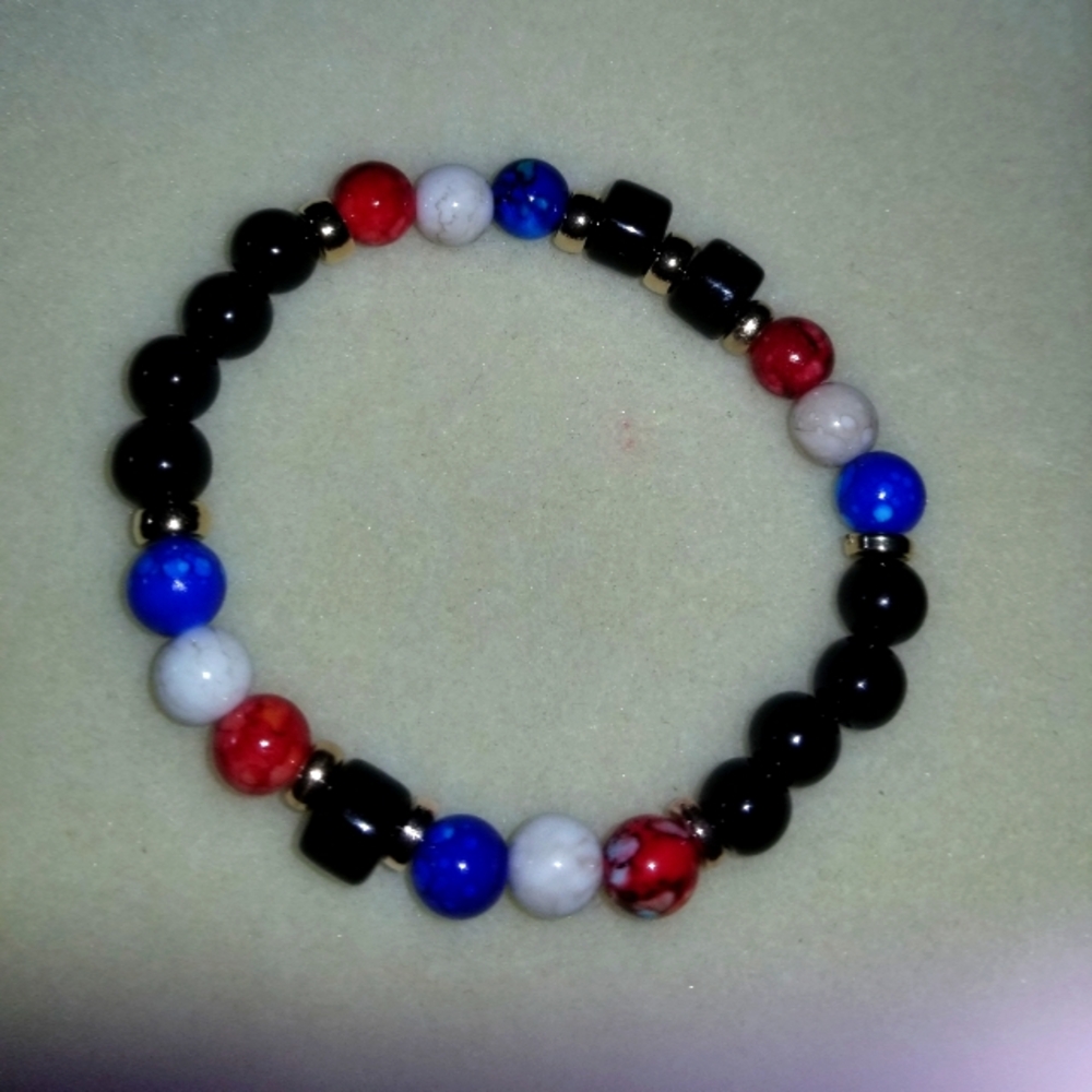 NWT Handcrafted Men's Black, Red, Blue & Ivory Chakra Beaded Bracelet